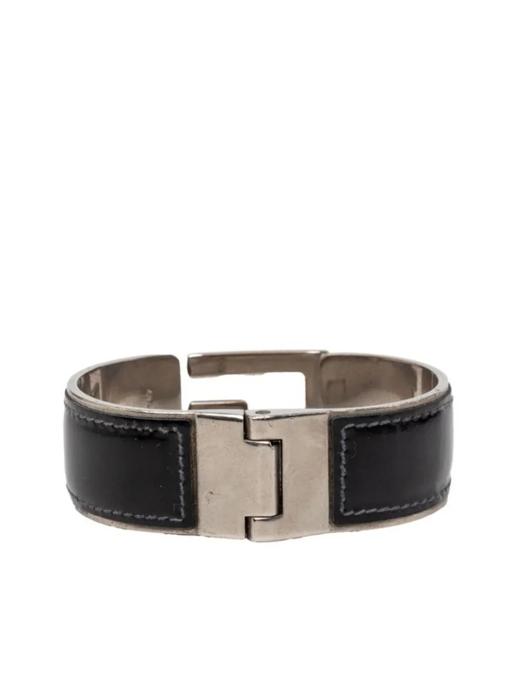 Gucci Logo Bangle Silver Black Metal Leather Bracelet